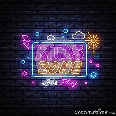 Kids Zone neon banner vector design template. Place for fun and play neon light banner, design element, night bright Vector Illustration