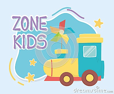Kids zone, plastic train and pinwheel with stick toys Vector Illustration