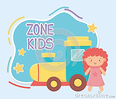 Kids zone, rubber train and little doll toys Vector Illustration