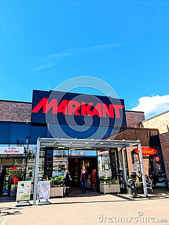 Kiel, Germany - 03 April 2023: Entrance area of a Markant supermarket Editorial Stock Photo