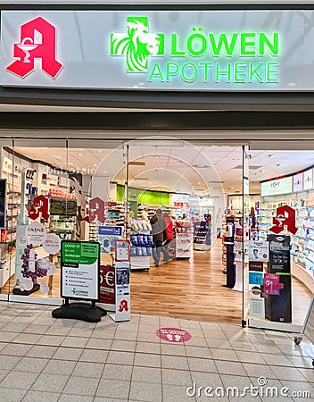 Kiel, Germany - 03 April 2023: Entrance of a pharmacy in Germany Editorial Stock Photo