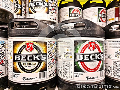 Kiel, Germany - 01. April 2024: Kegs of Becks brand beer for sale in a drinks market Editorial Stock Photo