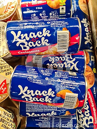 Kiel, Germany - 01. April 2024: Knack und Back brand buns on a supermarket shelf Editorial Stock Photo