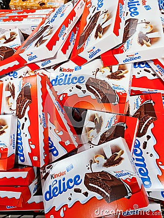 Kiel, Germany - 27.December 2022: Kinder Delice brand chocolate bars on a supermarket shelf for sale Editorial Stock Photo