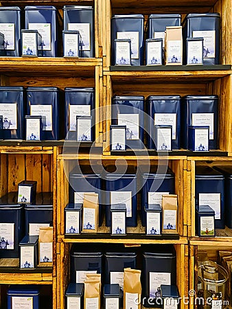 Kiel, Germany - 11 February 2023: A colourful mix of teas in a tea shop Editorial Stock Photo