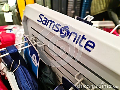 Kiel, Germany - 02. February 2024: A shelf with bag products from the Samsonite brand Editorial Stock Photo