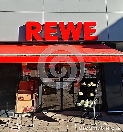Kiel, Germany - 13. July 2023: Entrance area of a ReWe brand supermarkt Editorial Stock Photo