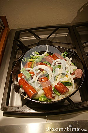 Kielbasi, onions and peppers Stock Photo