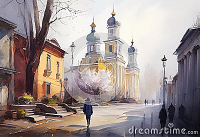 Kiev, capital of Ukraine. AI generated, watercolor artwork. City Stock Photo