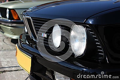 Kiev, Ukraine, on April 28, 2018. Exhibition of retro cars. Side view of the front of the car bmw m5 e28. Editorial Stock Photo