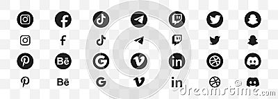 Zdolbuniv, Ukraine - May 6, 2023: Facebook Twitter Instagram TikTok Telegram Snapchat Twitch logotype. Social media logo icon set Cartoon Illustration