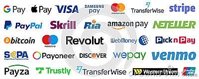 Kiev, Ukraine - April 02, 2023: Online payment methods icons set, company logos: Visa, Mastercard, Paypal, Bitcoin, Amazon Pay Vector Illustration