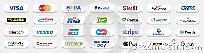 Kiev, Ukraine - April 25, 2021: Online payment methods systems icons set, card company logo: Visa, Mastercard, Paypal, Bitcoin, Vector Illustration