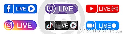 Kiev, Ukraine - April 16, 2023: Set streaming live social media badge icon logo facebook, instagram, youtube, twitch, zoom, tiktok Vector Illustration