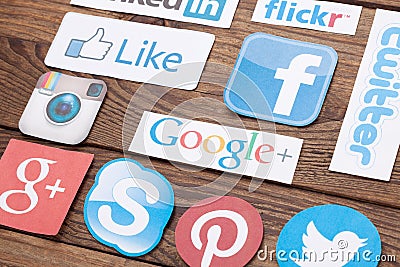 KIEV, UKRAINE - AUGUST 22, 2015:Collection of popular social media logos printed on paper:Facebook, Twitter, Google Plus Editorial Stock Photo