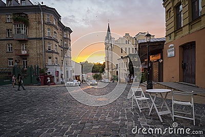 Kiev, Ukraine - August 30, 2016: Evening in the Andreevsky Descent street Editorial Stock Photo