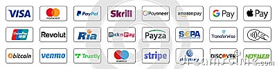 Kiev, Ukraine - August 17, 2023: Online payment methods icons set, company logos: Visa, Mastercard, Paypal, Bitcoin, Amazon Pay Vector Illustration