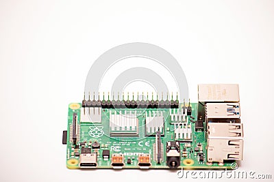 Kiev, UFocused Universal Serial Bus (USB) type 3.0 on single-board budget microcomputer RPI 4b Editorial Stock Photo