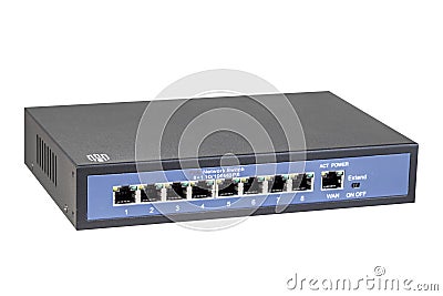 KIEV, UKRAINE - December 03, 2019: Network switch with 8 ports isolated over a white background. Editorial Stock Photo