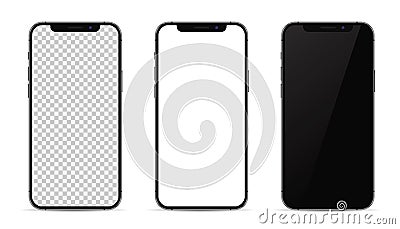 Kiev, Ukraine - February 14, 2021: Apple iPhone in graphite color. Mock-up screen front view iphone with transparent, white and Vector Illustration