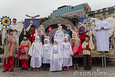 Kiev, Ukraine - January 13, 2018: Amateur theater depicts a Christmas nativity scene Editorial Stock Photo