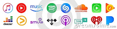 Kiev, Ukraine - January 15, 2021: Popular music streaming service buttons set: Apple music, Spotify, Youtube music, Soundcloud, Editorial Stock Photo