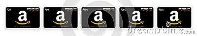 Kiev, Ukraine - January 15, 2021: Set gift card Amazon. Black Amazon gift card with shadow isolated. Editorial vector Editorial Stock Photo