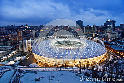 KIEV, UKRAINE - MARCH 4: Aerial night view of National Olympic stadium NSC Olimpiysky on March 4, 2012 in Kiev, Ukraine Editorial Stock Photo