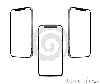 Kiev, Ukraine - March 14, 2021: Apple iPhone in graphite color. Mock-up screen front view iphone with white screen and angle phone Vector Illustration