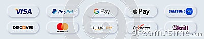 Kiev, Ukraine - March 30, 2021: Payment system logos: PayPal, Mastercard, Skrill, Payoneer, Visa, Amazon pay, Apple pay, Google Vector Illustration