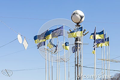 Kiev,Ukraine - May 06, 2017: European square in centre of Ukrainian capital Kyiv. Lots of ukrainian and EU flags. City Editorial Stock Photo