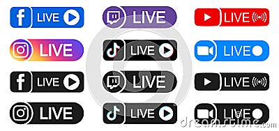 Kiev, Ukraine - May 21, 2023: Set streaming live social media badge icon logo facebook, instagram, youtube, twitch, zoom, tiktok. Vector Illustration