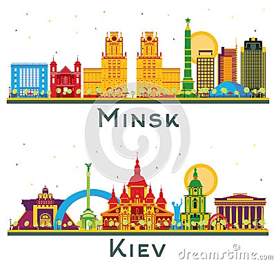 Kiev Ukraine and Minsk Belarus City Skyline Set Stock Photo