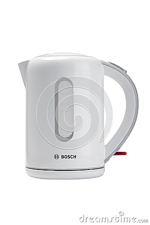KIEV, UKRAINE - NOV 27, 2020: Modern electric kettle BOSCH isolated on a white background. Editorial Stock Photo