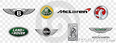 Kiev, Ukraine - November 15, 2020: Collection of British car logos printed on transparent: mclaren, mini, rolls roys Vector Illustration