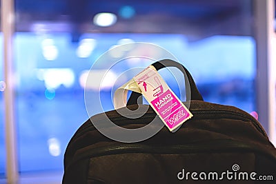 Kiev, Ukraine - November 18, 2017:Hand luggage with a company stamp Wizz Air Editorial Stock Photo