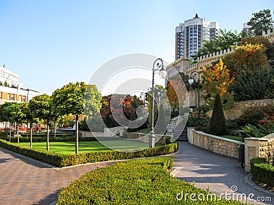 Beautiful well-kept Heydar Aliyev Park in Kiev on an autumn sunny day Editorial Stock Photo