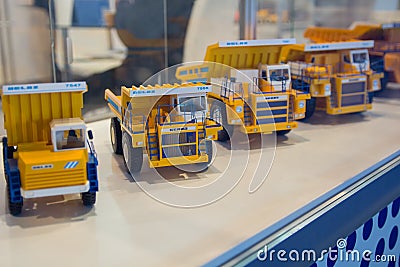 Kiev, Ukraine - October 14, 2016: Models of Belaz dump trucks pr Editorial Stock Photo