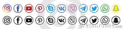 Kiev, Ukraine - October 24, 2020: Set popular social media button icons. Facebook, instagram, twitter, youtube, whatsap, telegram Vector Illustration