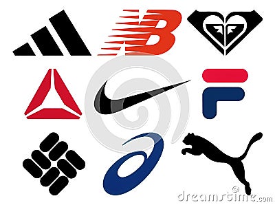 Set of popular sportswear manufactures logos Editorial Stock Photo