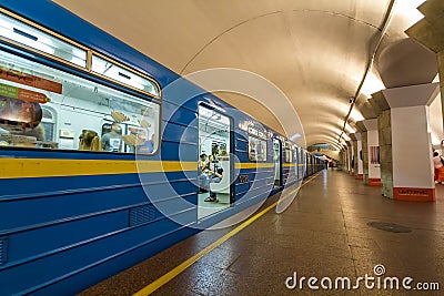 Kiev, Ukraine - October 15, 2017: Underground (subway) metro train standing at a station before departure Editorial Stock Photo