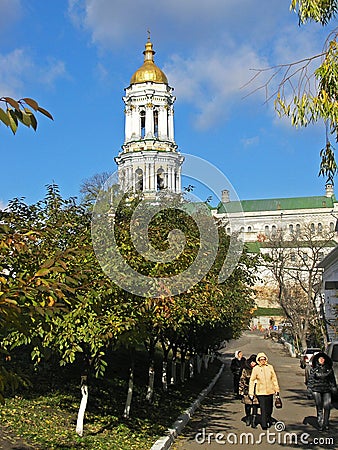 View of the large bell tower of the Kiev-Pechersk Lavra from the side of the nearby caves Editorial Stock Photo