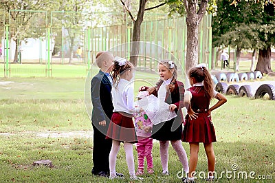 Kiev Ukraine 1 September 2018. Primary school pupils play in the schoolyard. Break. Children and education Editorial Stock Photo