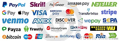 Kiev, Ukraine - September 05, 2020: Online payment methods icons set, company logos: Visa, Mastercard, Paypal, Bitcoin, Amazon Pay Vector Illustration