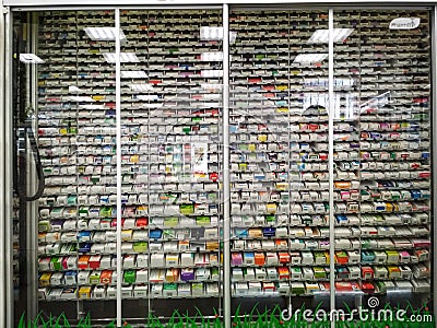 KIEV, UKRAINE - September 18, 2019: A pharmacy robot robot for a pharmacy is a mini-warehouse equipment that is installed in a p Editorial Stock Photo