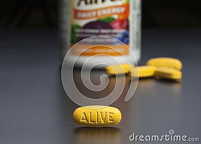 KIEV, UKRAINE - September 24, 2019: VITAMINS ALIVE AFTER 50, ENERGY 50+, MULTI-VITAMIN. Formula with lots of elements and minerals Editorial Stock Photo