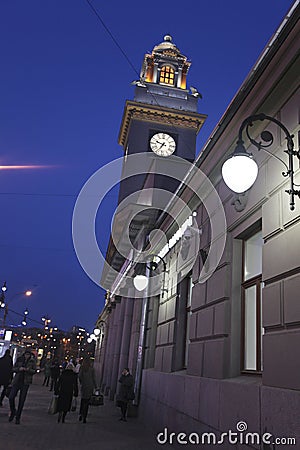 Kievskiy railway station by night in Moscow, Russia Editorial Stock Photo