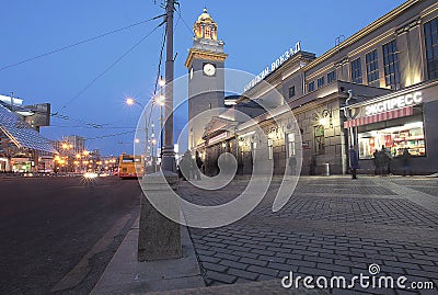 Kievskiy railway station by night in Moscow, Russia Editorial Stock Photo