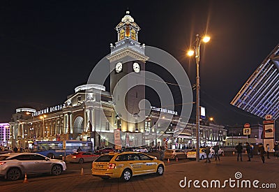 Kievskiy railway station by night in Moscow, Russia Editorial Stock Photo