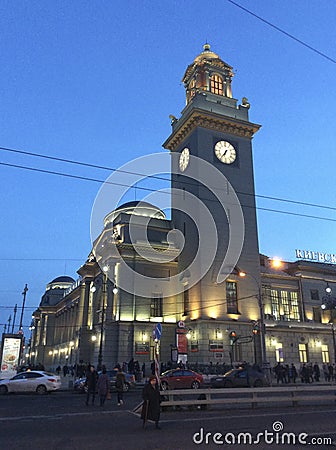 Kievskiy railway station by night in Moscow, Russia Editorial Stock Photo